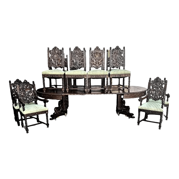 Monumental 10' X 5.5' Renaissance Revival French Walnut Banquet Table With 12 Chairs - Antique Circa Mid 19th Century - Thumbnail 2