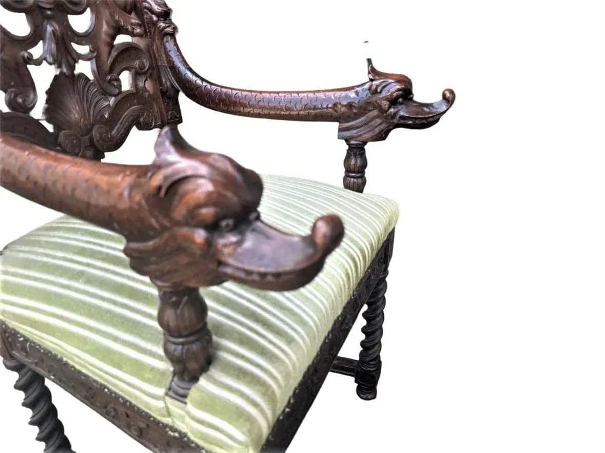 Monumental 10' X 5.5' Renaissance Revival French Walnut Banquet Table With 12 Chairs - Antique Circa Mid 19th Century - Thumbnail 3