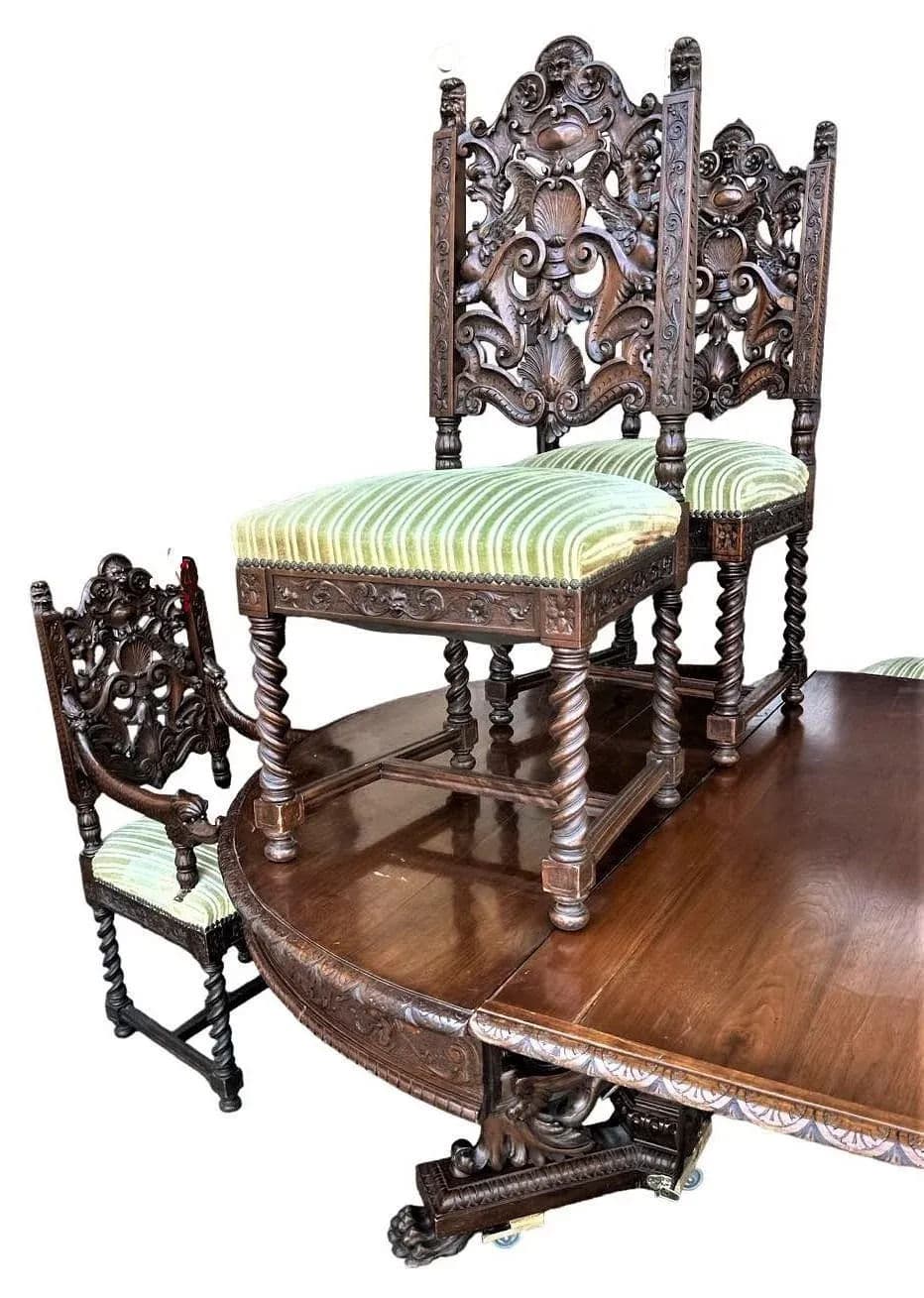 Monumental 10' X 5.5' Renaissance Revival French Walnut Banquet Table With 12 Chairs - Antique Circa Mid 19th Century - Thumbnail 5