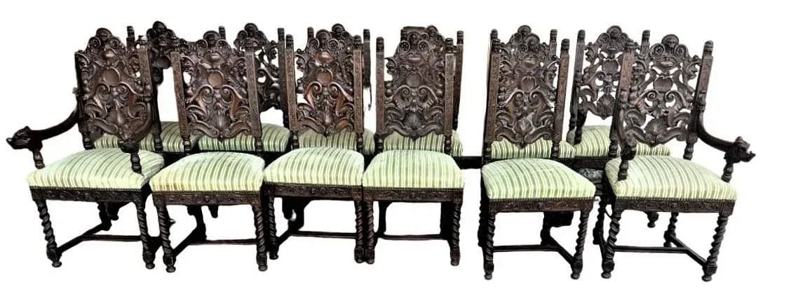 Monumental 10' X 5.5' Renaissance Revival French Walnut Banquet Table With 12 Chairs - Antique Circa Mid 19th Century - Thumbnail 9