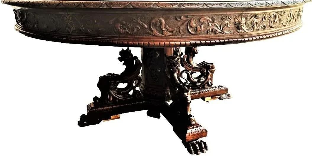 Monumental 10' X 5.5' Renaissance Revival French Walnut Banquet Table With 12 Chairs - Antique Circa Mid 19th Century - Thumbnail 8