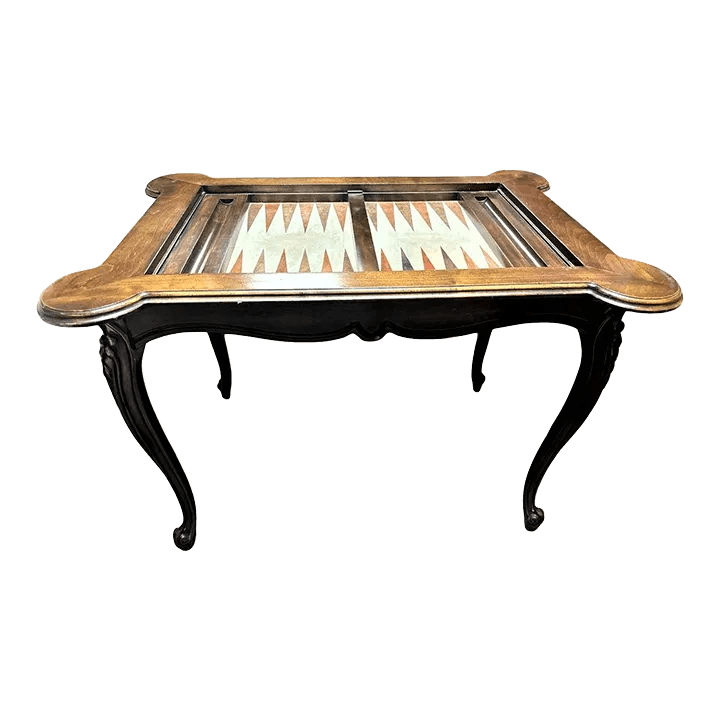Inlaid Leather and Walnut Louis XV Style Backgammon Table - Vintage Late 20th Century - Thumbnail 2