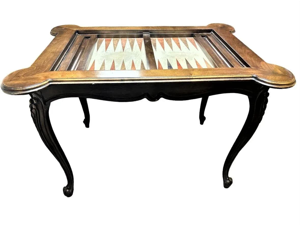 Inlaid Leather and Walnut Louis XV Style Backgammon Table - Vintage Late 20th Century - Thumbnail 9