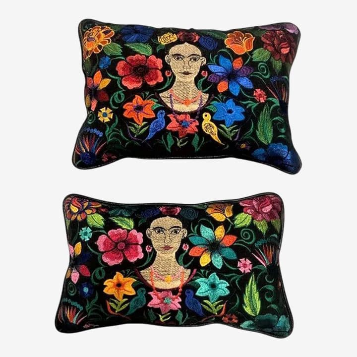 Frida Kahlo Image Chiapas Embroidery and Black Leather Accent Pillows - a Pair - Newly Made