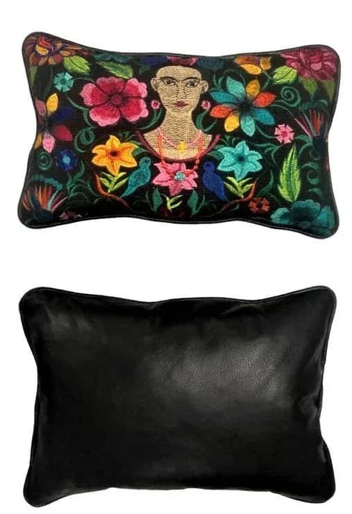 Frida Kahlo Image Chiapas Embroidery and Black Leather Accent Pillows - a Pair - Newly Made - Thumbnail 3