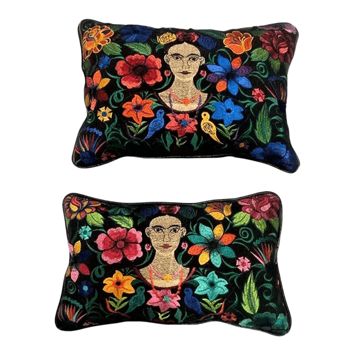 Frida Kahlo Image Chiapas Embroidery and Black Leather Accent Pillows - a Pair - Newly Made - Thumbnail 2