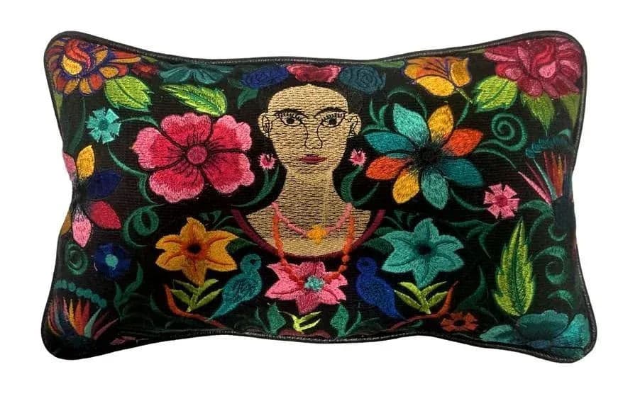 Frida Kahlo Image Chiapas Embroidery and Black Leather Accent Pillows - a Pair - Newly Made - Thumbnail 4