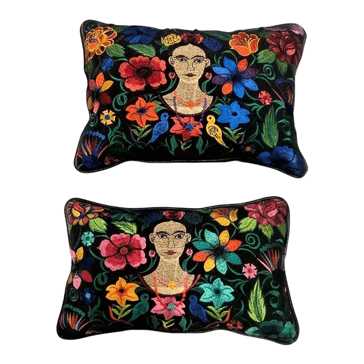 Frida Kahlo Image Chiapas Embroidery and Black Leather Accent Pillows - a Pair - Newly Made - Thumbnail 6