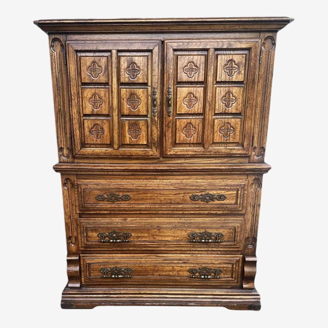 Spanish Revival Oak Armoire or Liquor Cabinet - Vintage Circa 1970s - Image 1