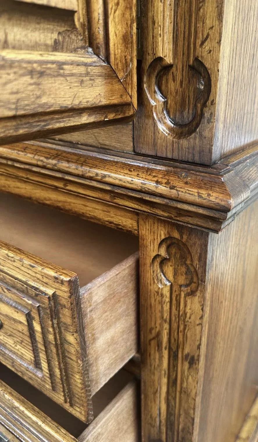 Spanish Revival Oak Armoire or Liquor Cabinet - Vintage Circa 1970s - Thumbnail 6