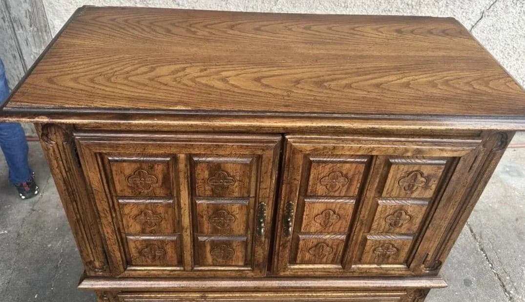 Spanish Revival Oak Armoire or Liquor Cabinet - Vintage Circa 1970s - Thumbnail 8