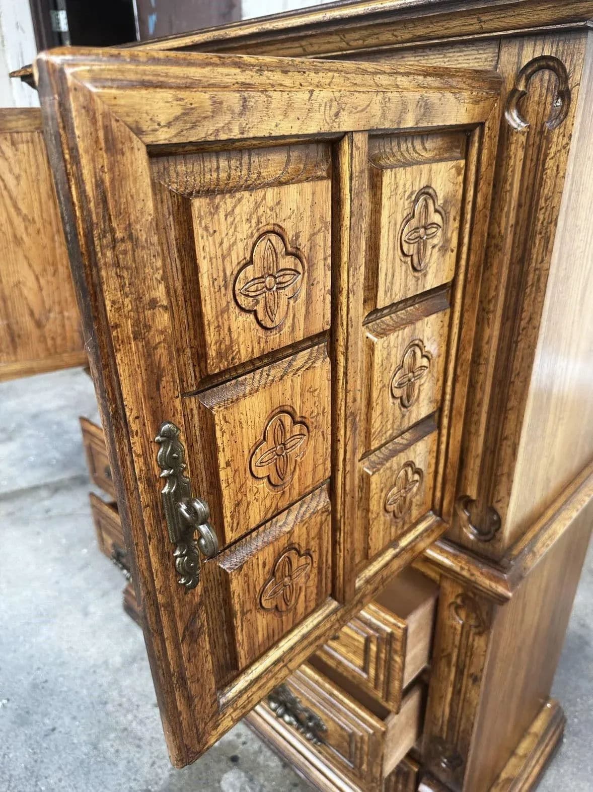 Spanish Revival Oak Armoire or Liquor Cabinet - Vintage Circa 1970s - Thumbnail 5