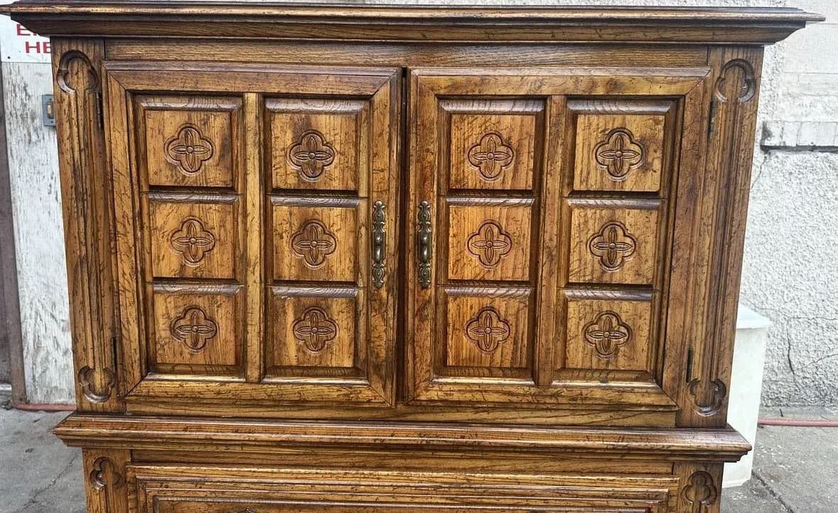 Spanish Revival Oak Armoire or Liquor Cabinet - Vintage Circa 1970s - Thumbnail 7