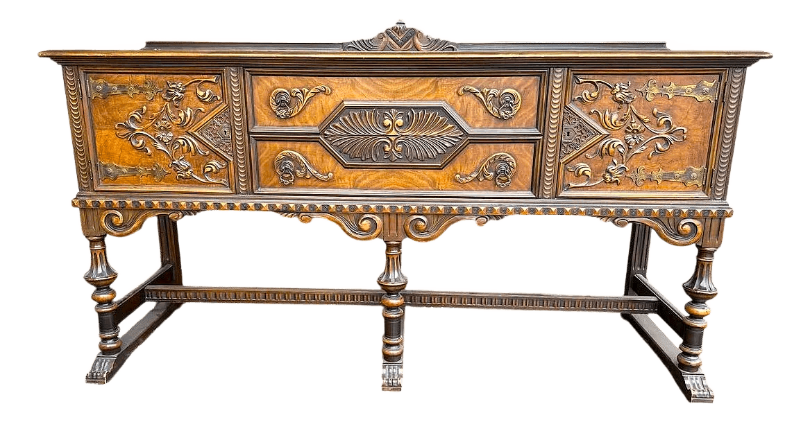 Antique Berkey & Gay Spanish Revival Ornate Walnut and Burlwood 72" Sideboard - Crafted in Grand Rapids Circa 1917 - Thumbnail 2