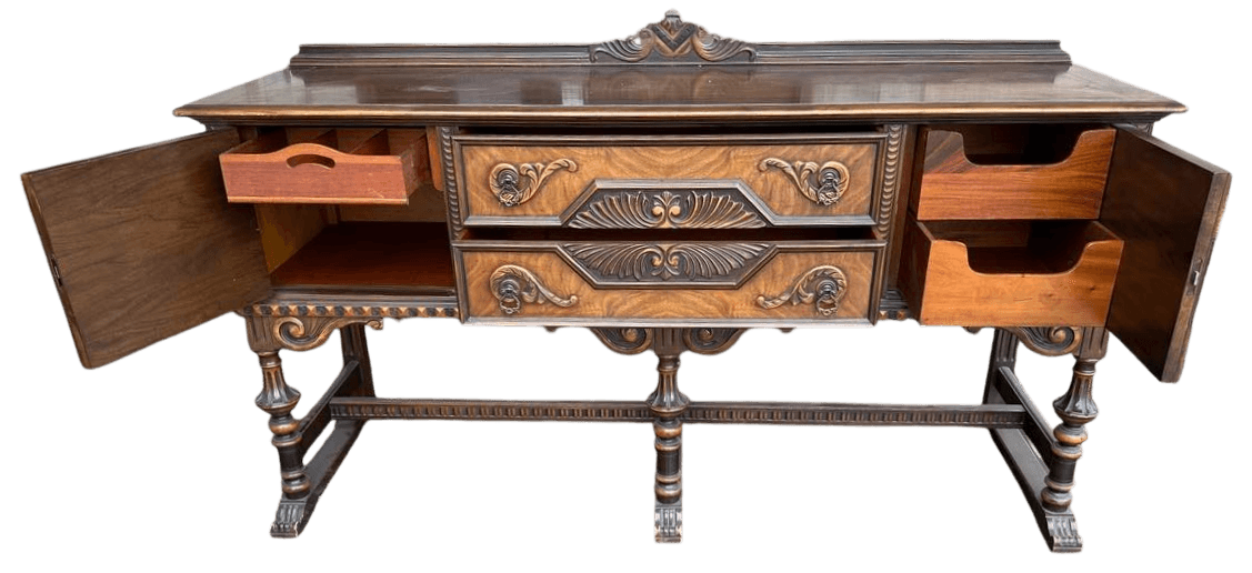 Antique Berkey & Gay Spanish Revival Ornate Walnut and Burlwood 72" Sideboard - Crafted in Grand Rapids Circa 1917 - Thumbnail 4