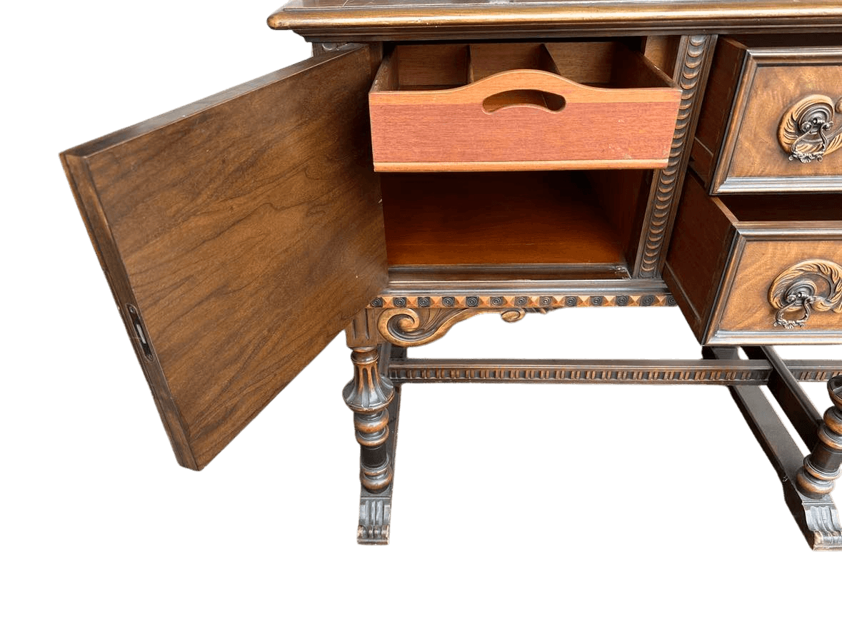 Antique Berkey & Gay Spanish Revival Ornate Walnut and Burlwood 72" Sideboard - Crafted in Grand Rapids Circa 1917 - Thumbnail 5
