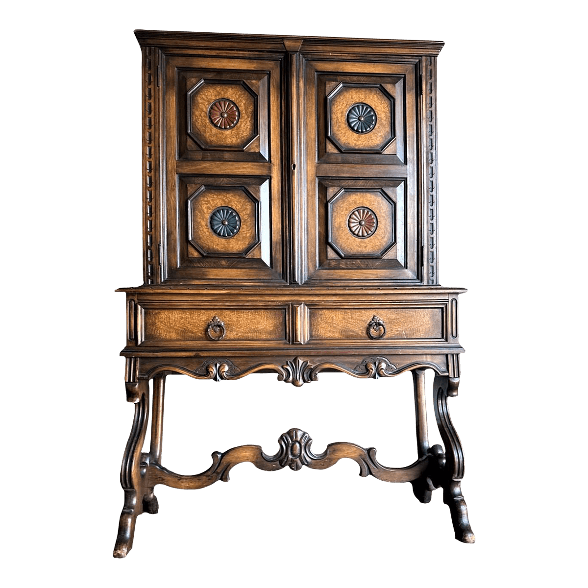 Antique Berkey & Gay Grand Rapids 'Span-Umbrian' Walnut, Burlwood and Polychrome Cabinet - Circa 1917 - Thumbnail 2