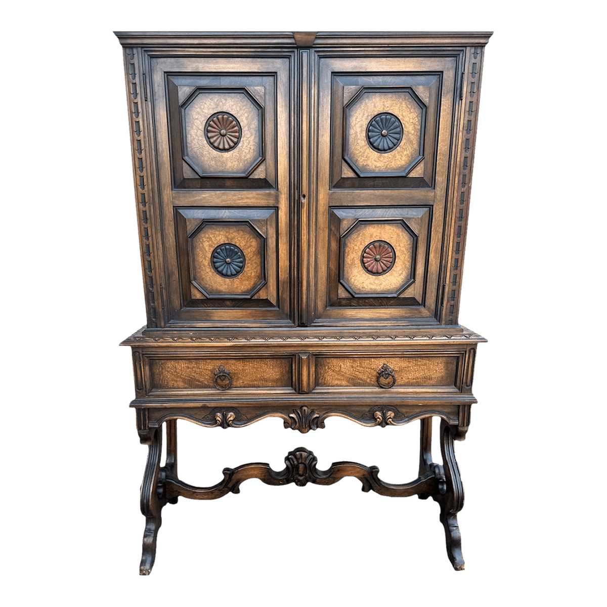 Antique Berkey & Gay Grand Rapids 'Span-Umbrian' Walnut, Burlwood and Polychrome Cabinet - Circa 1917 - Thumbnail 7