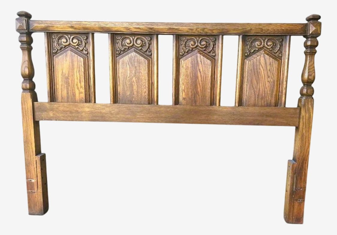 Spanish Colonial Revival Vintage Carved Solid Oak Queen Size Headboard Crafted in North Carolina by United Furniture - Image 1