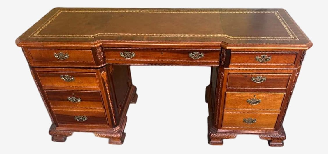 Carved Mahogany Double Pedestal Desk With Tooled Leather Top - Vintage Late 20th Century - Image 1