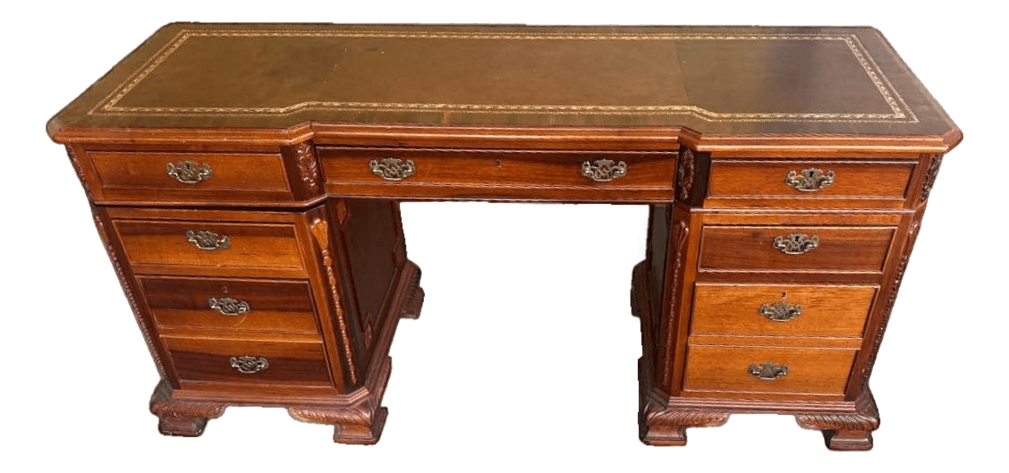 Carved Mahogany Double Pedestal Desk With Tooled Leather Top - Vintage Late 20th Century - Thumbnail 2
