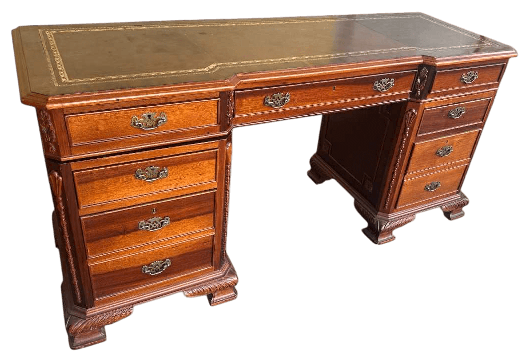 Carved Mahogany Double Pedestal Desk With Tooled Leather Top - Vintage Late 20th Century - Thumbnail 3