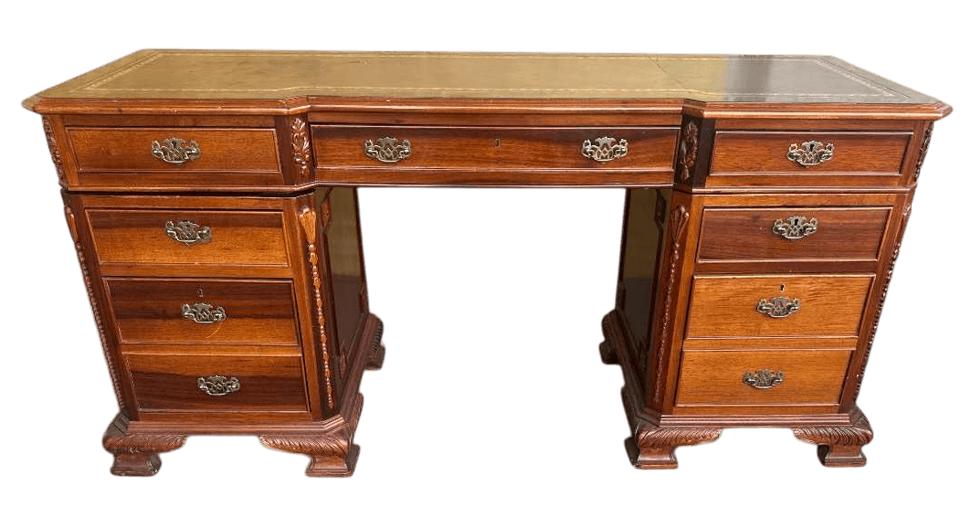 Carved Mahogany Double Pedestal Desk With Tooled Leather Top - Vintage Late 20th Century - Thumbnail 4