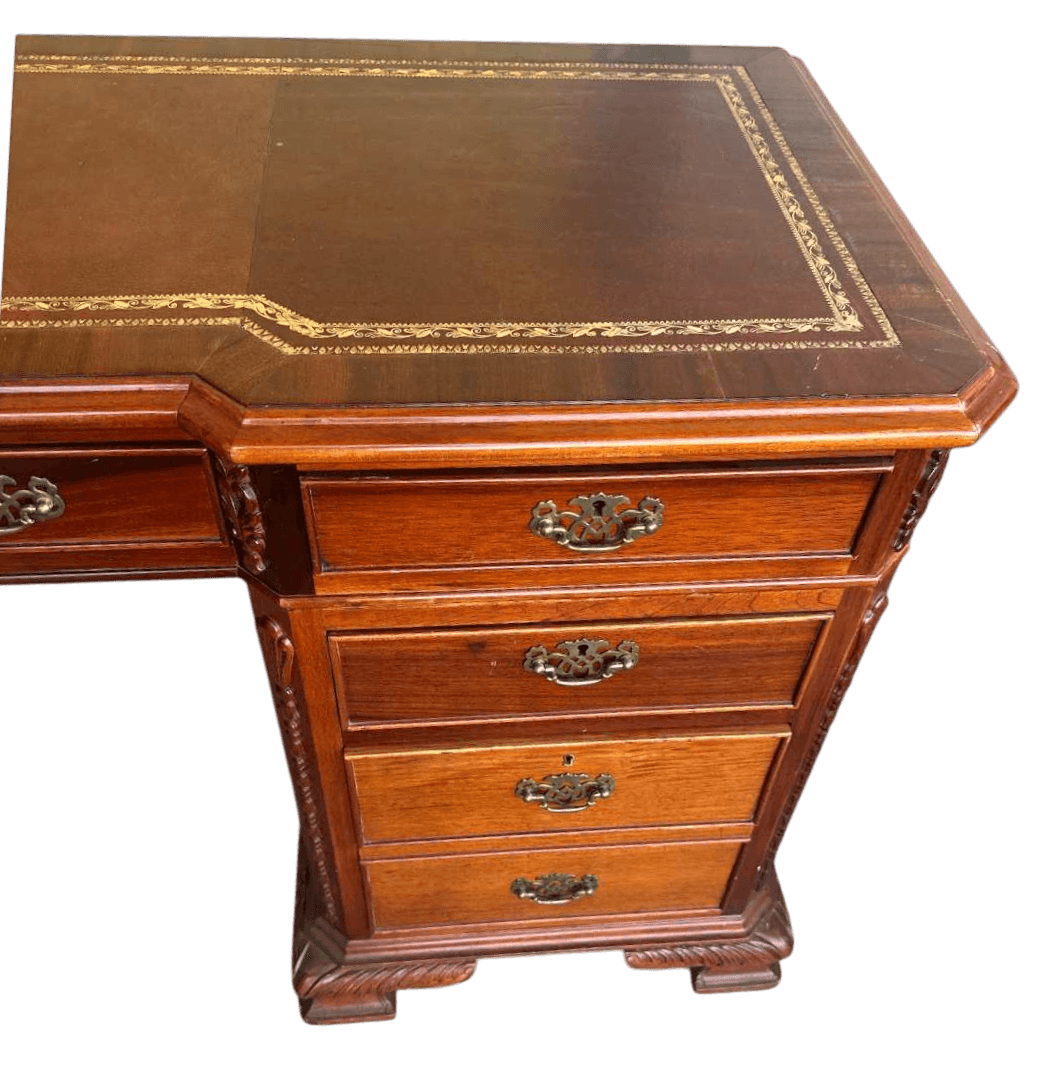 Carved Mahogany Double Pedestal Desk With Tooled Leather Top - Vintage Late 20th Century - Thumbnail 6