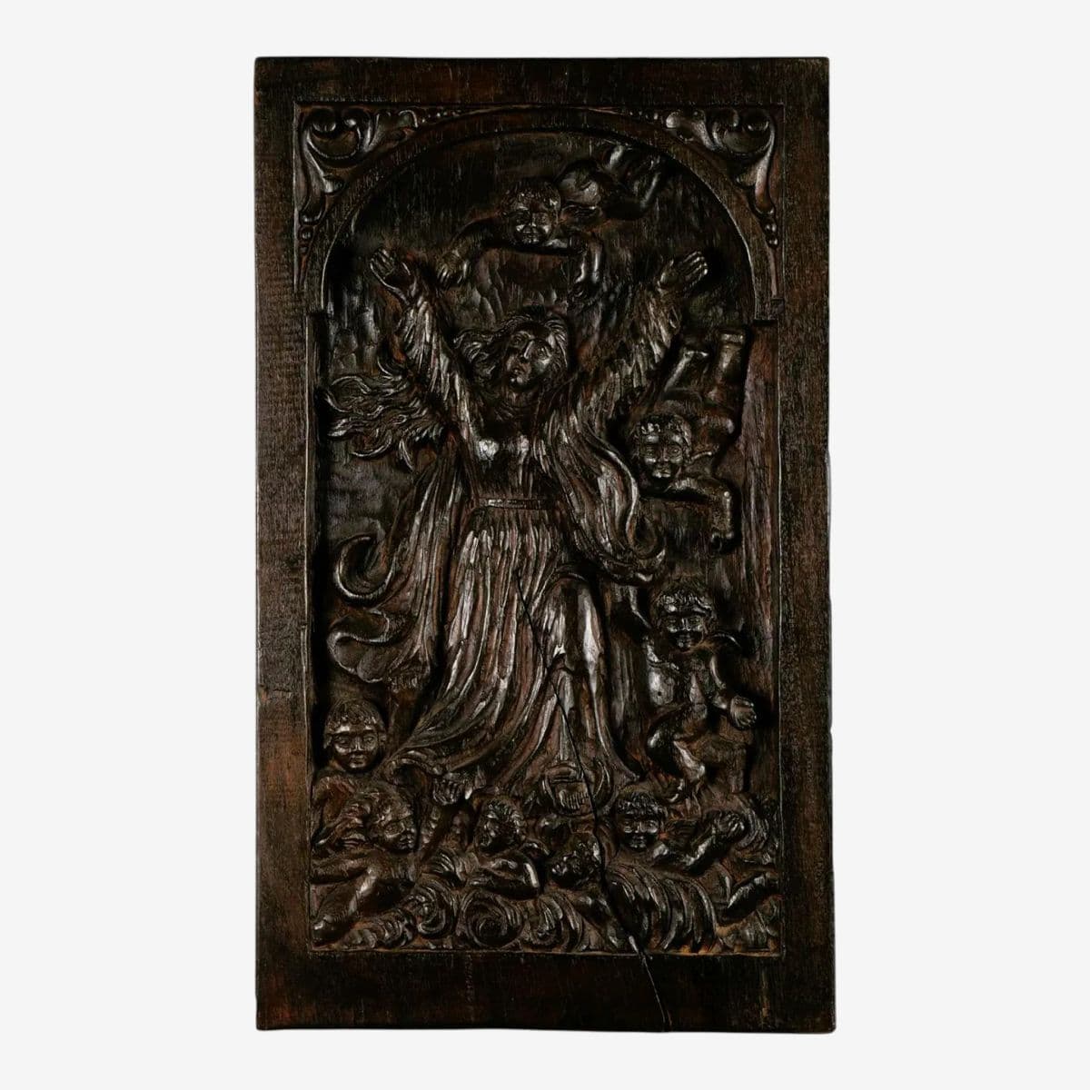 18th Century Spanish Colonial Religious Carved Wood Bas Relief Panel - Nuestra Señora Reina De Los Ángeles - Image 1