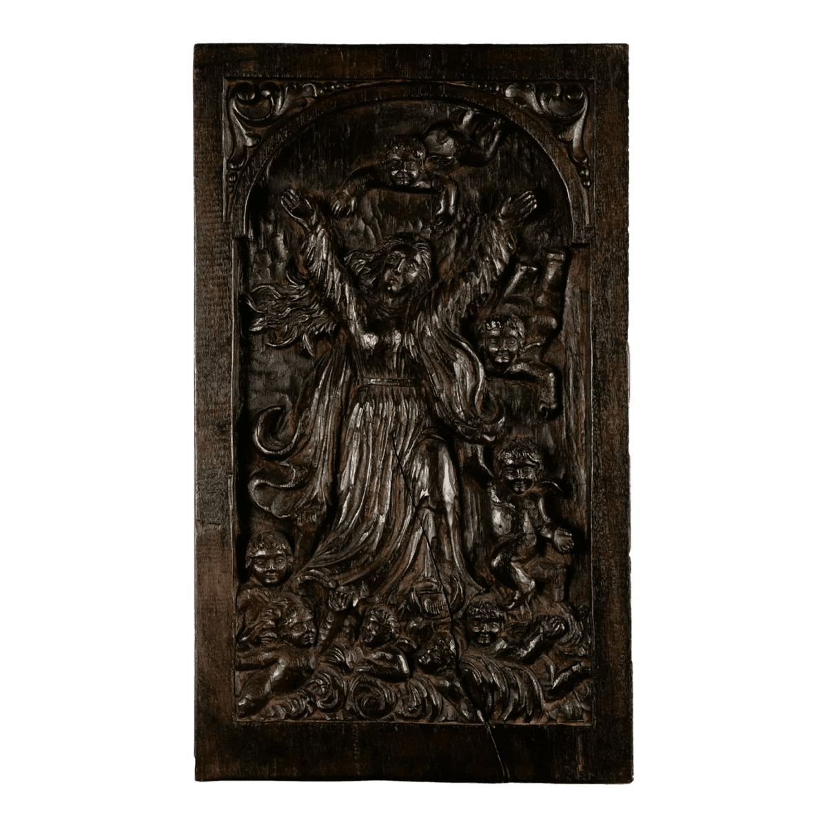 18th Century Spanish Colonial Religious Carved Wood Bas Relief Panel - Nuestra Señora Reina De Los Ángeles - Thumbnail 2