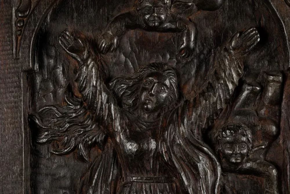 18th Century Spanish Colonial Religious Carved Wood Bas Relief Panel - Nuestra Señora Reina De Los Ángeles - Thumbnail 6