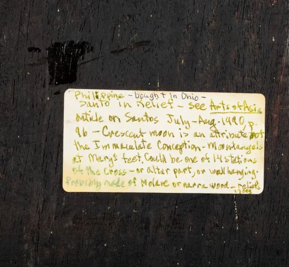 18th Century Spanish Colonial Religious Carved Wood Bas Relief Panel - Nuestra Señora Reina De Los Ángeles - Thumbnail 7