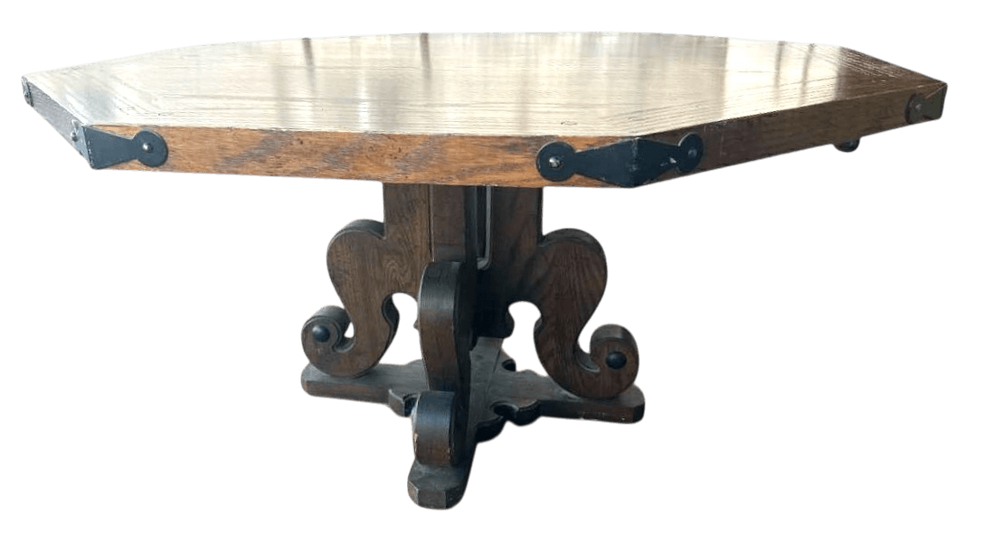 Solid Oak Spanish Colonial Revival Octagonal Game Table and Four Chairs on Brass Casters - Vintage Late 20th Century - Thumbnail 4