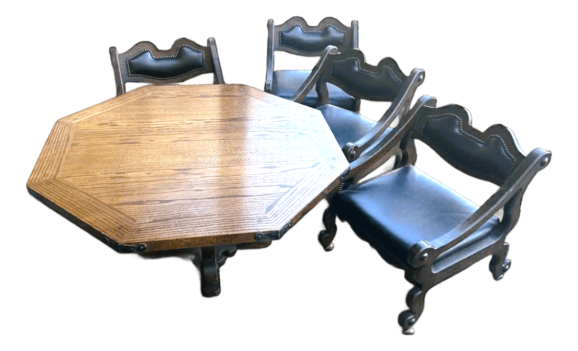Solid Oak Spanish Colonial Revival Octagonal Game Table and Four Chairs on Brass Casters - Vintage Late 20th Century - Thumbnail 2