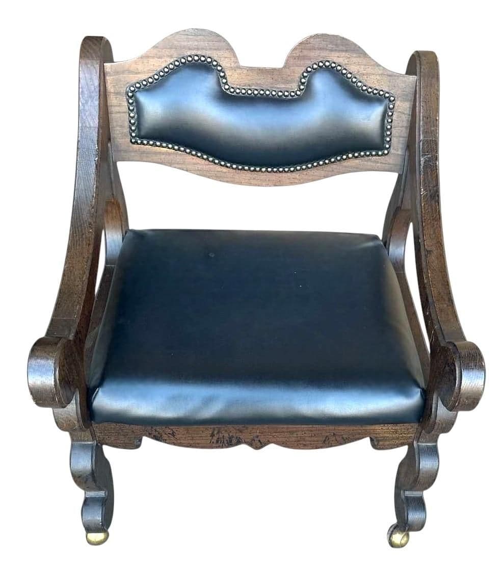 Solid Oak Spanish Colonial Revival Octagonal Game Table and Four Chairs on Brass Casters - Vintage Late 20th Century - Thumbnail 7