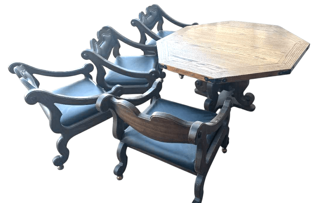 Solid Oak Spanish Colonial Revival Octagonal Game Table and Four Chairs on Brass Casters - Vintage Late 20th Century - Thumbnail 5