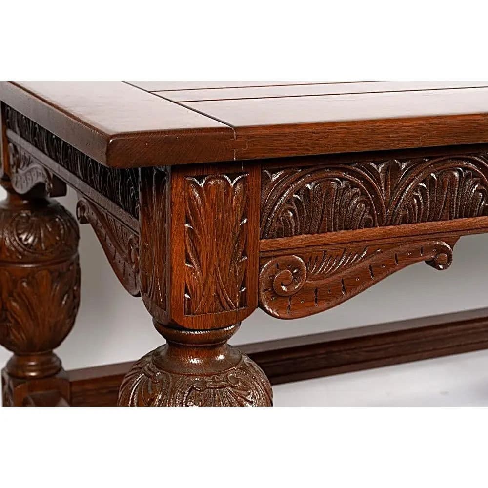 Antique English Jacobean Refectory or Library Table - Monumental 9 Foot - Elegantly Carved Oak - Circa 1910 - Thumbnail 8