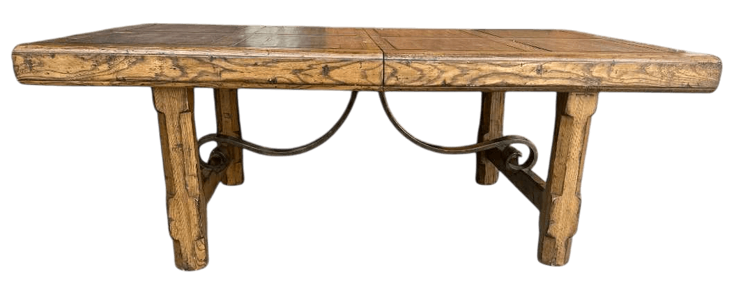 Late 20th Century Monumental Spanish Rustic Style Solid Oak Refectory Table With Heavy Iron Cursive Stretchers - Thumbnail 3