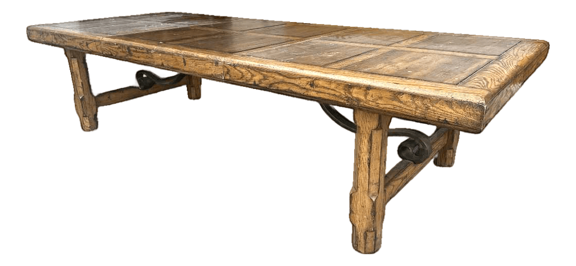 Late 20th Century Monumental Spanish Rustic Style Solid Oak Refectory Table With Heavy Iron Cursive Stretchers - Thumbnail 2