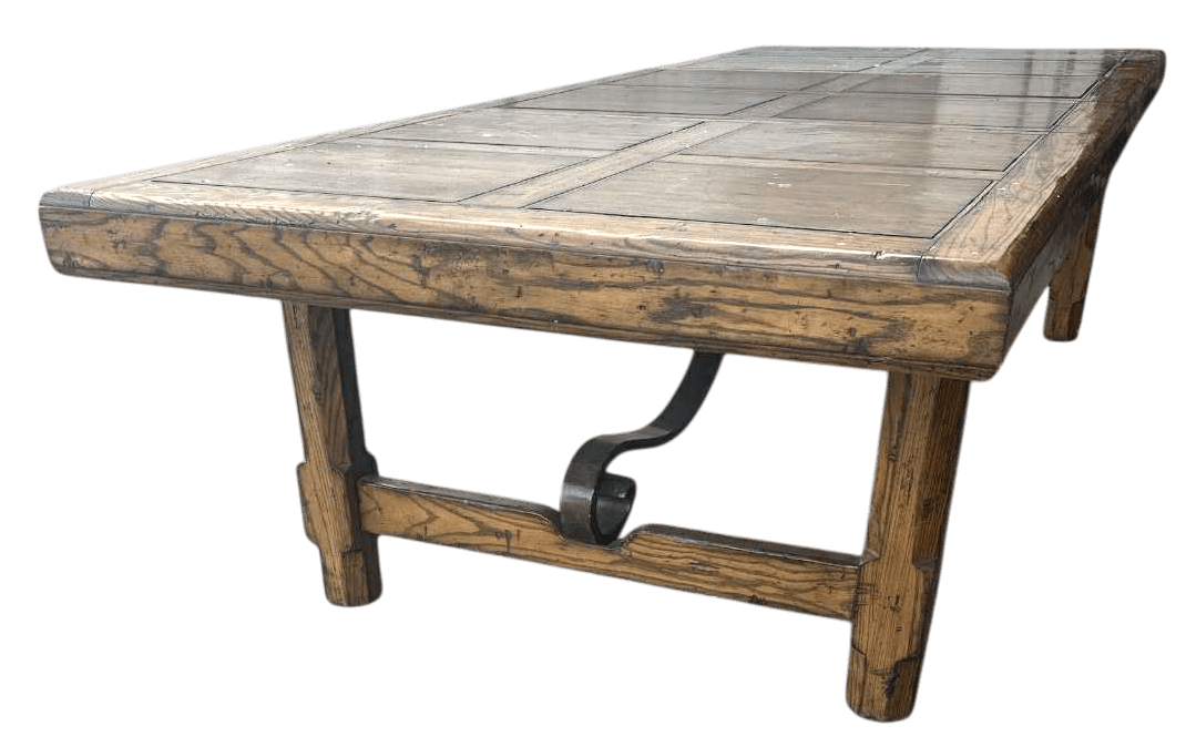 Late 20th Century Monumental Spanish Rustic Style Solid Oak Refectory Table With Heavy Iron Cursive Stretchers - Thumbnail 4