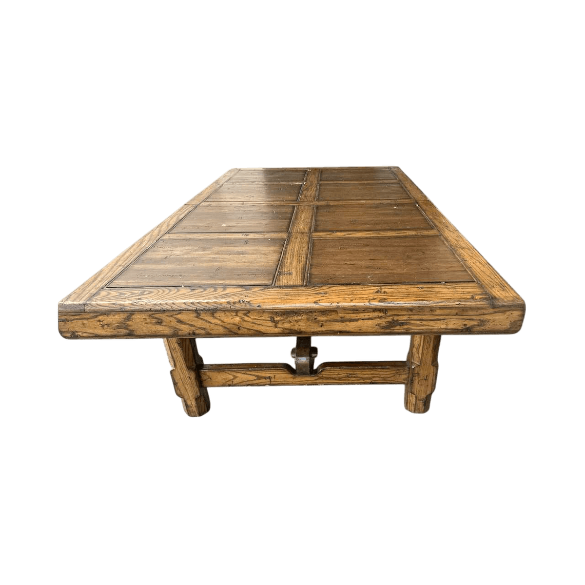 Late 20th Century Monumental Spanish Rustic Style Solid Oak Refectory Table With Heavy Iron Cursive Stretchers - Thumbnail 5