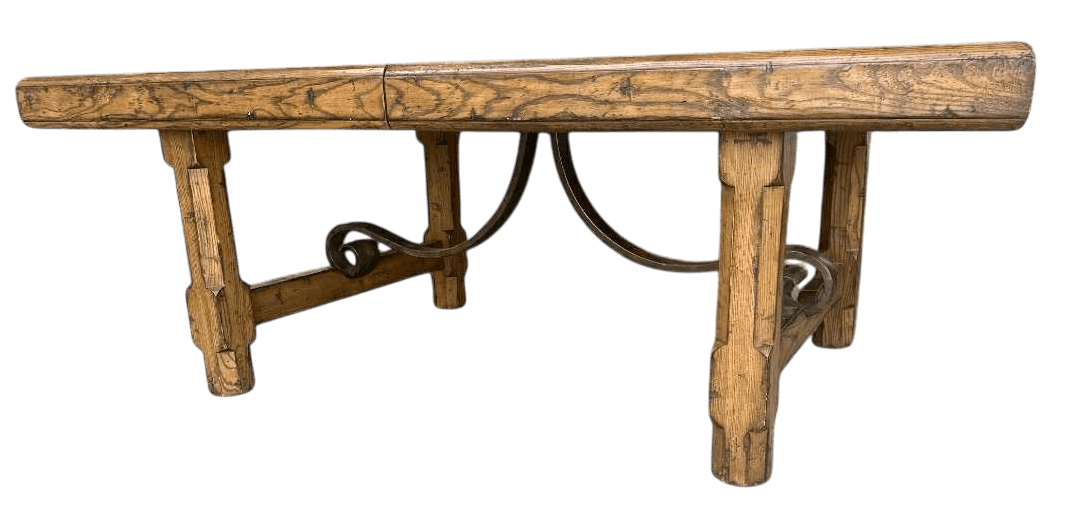 Late 20th Century Monumental Spanish Rustic Style Solid Oak Refectory Table With Heavy Iron Cursive Stretchers - Thumbnail 9
