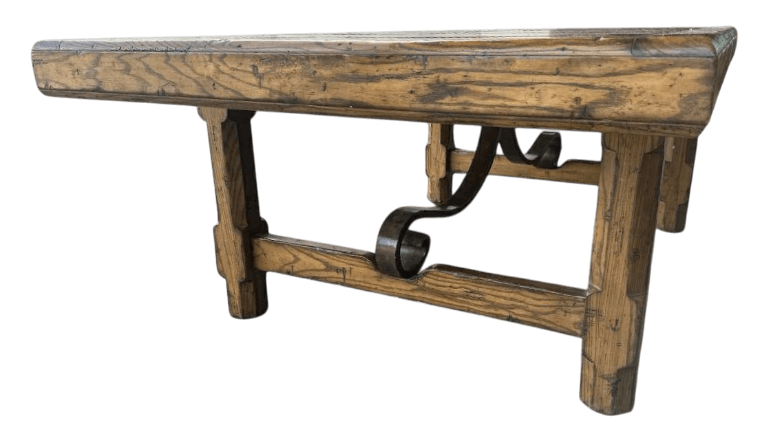 Late 20th Century Monumental Spanish Rustic Style Solid Oak Refectory Table With Heavy Iron Cursive Stretchers - Thumbnail 10