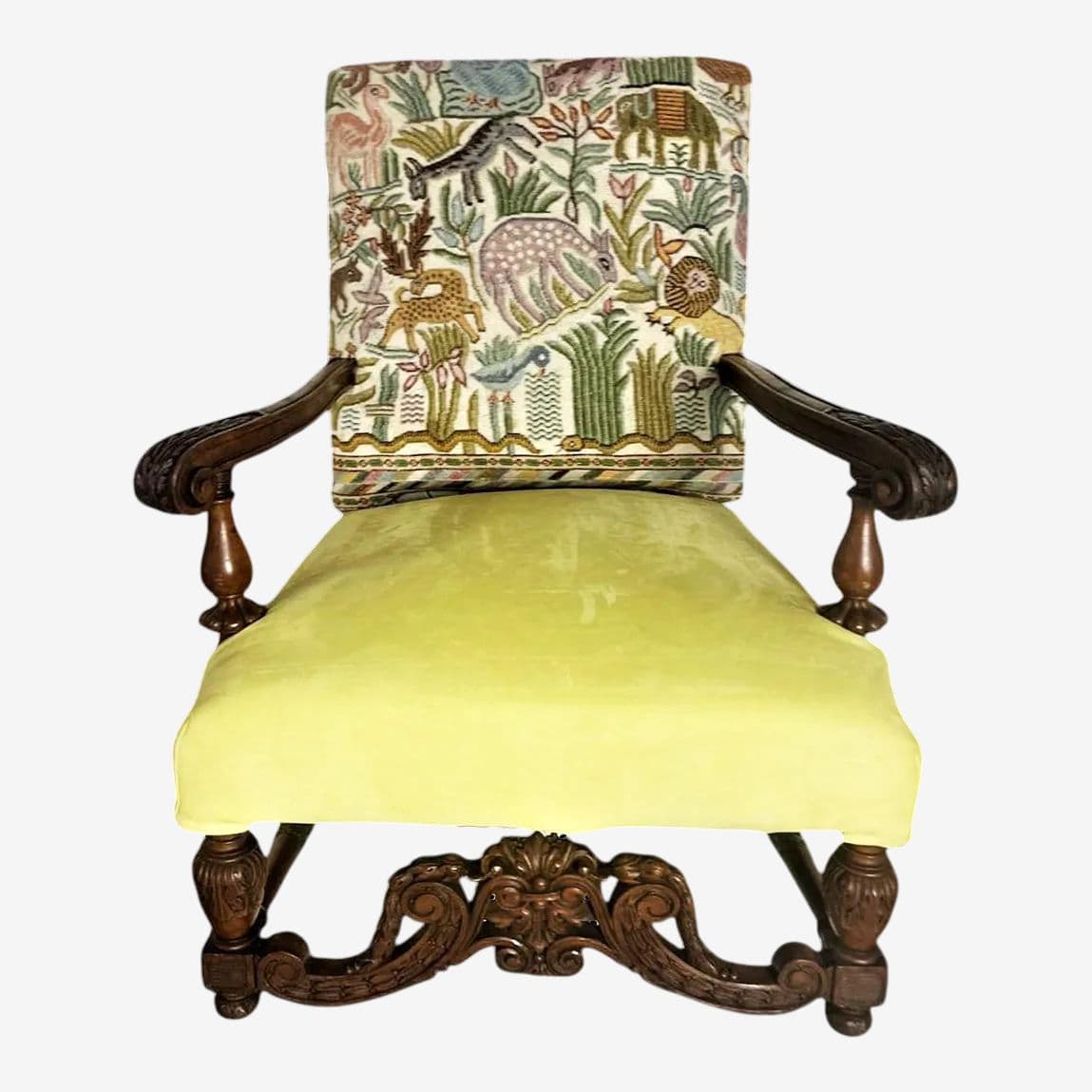 Antique Hacienda Chair With New Leather and Tapestry Upholstery - Image 1