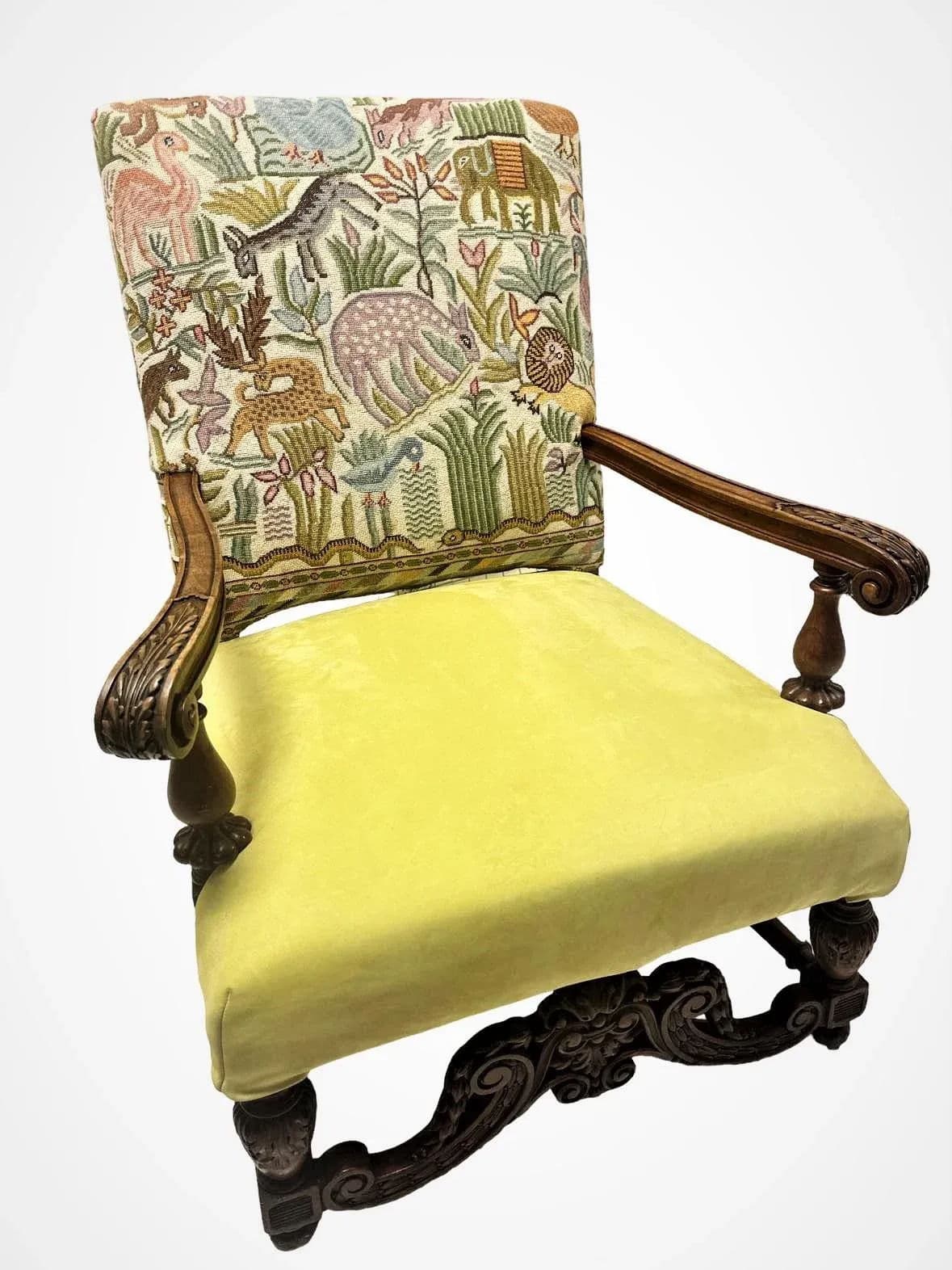 Antique Hacienda Chair With New Leather and Tapestry Upholstery - Thumbnail 6
