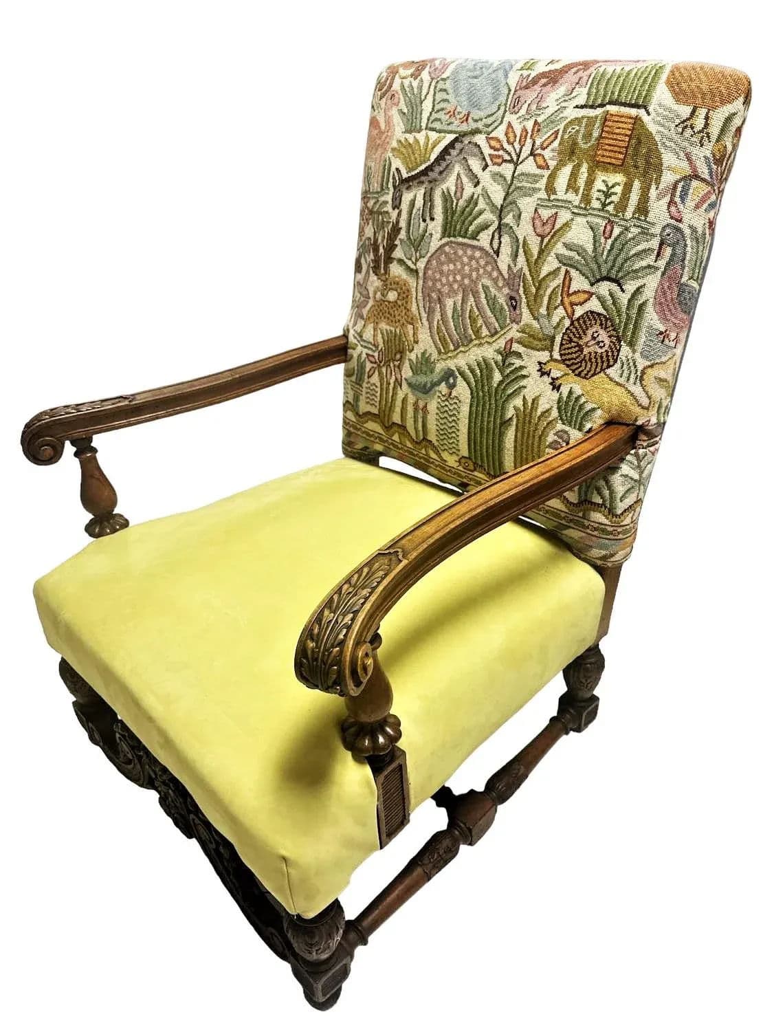 Antique Hacienda Chair With New Leather and Tapestry Upholstery - Thumbnail 4
