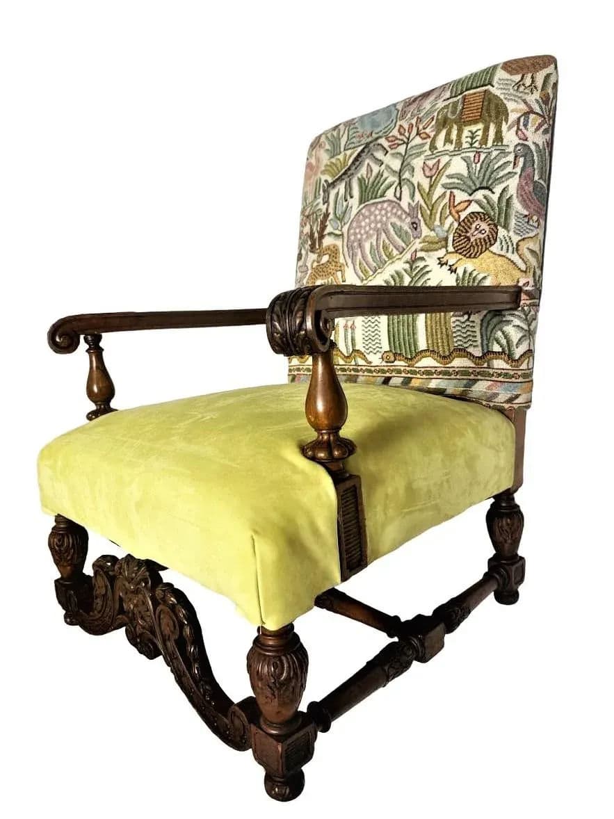 Antique Hacienda Chair With New Leather and Tapestry Upholstery - Thumbnail 10