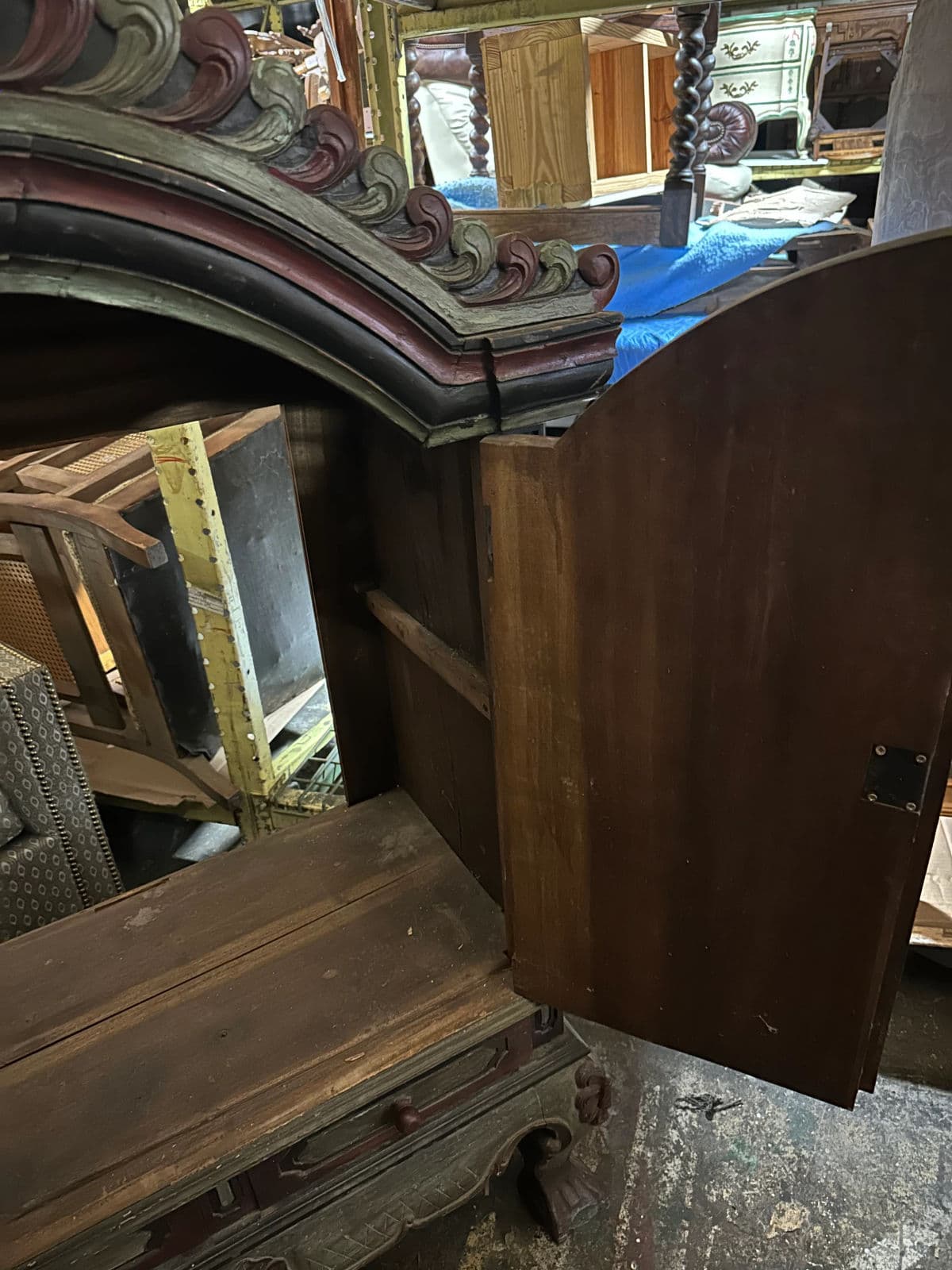 Dutch Colonial Antique 19th Century Liquor Cabinet With Bonnet Top and Ball and Claw Legs - Thumbnail 12