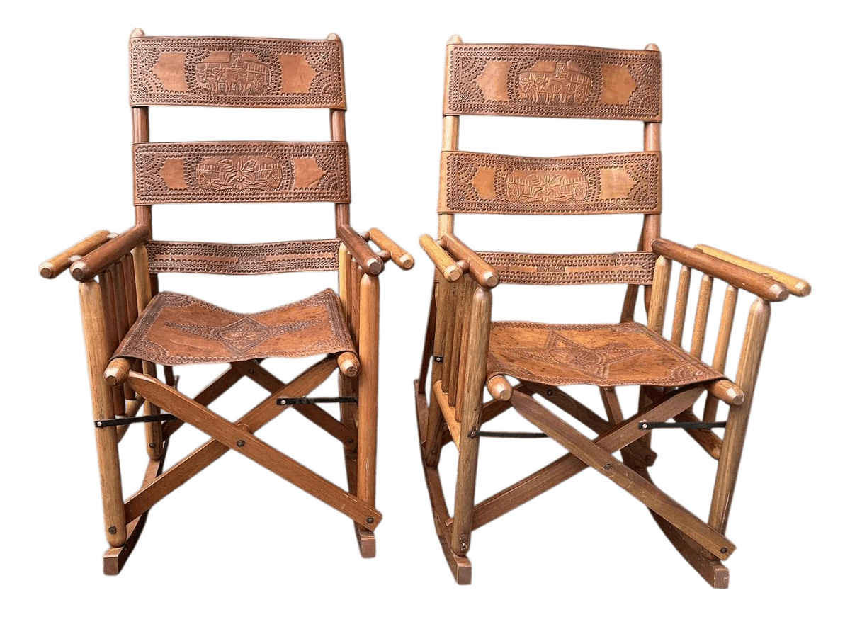 Late 20th Century Costa Rican Vintage Teak and Embossed Leather Folding Rocking Chairs - A Pair - Thumbnail 2