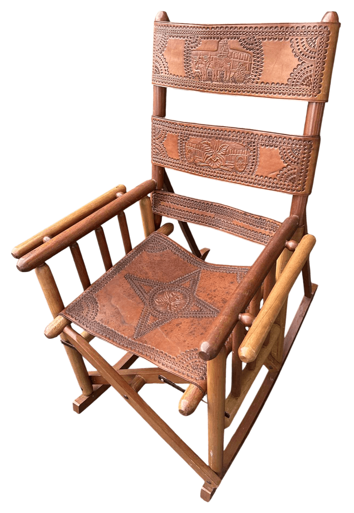 Late 20th Century Costa Rican Vintage Teak and Embossed Leather Folding Rocking Chairs - A Pair - Thumbnail 3